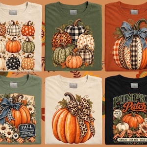 Peut inclure: Un ensemble de six t-shirts arborant divers motifs de citrouilles sur le thème de l'automne. Les designs incluent des imprimés léopard, à carreaux et à pois, agrémentés de nœuds, de fleurs et de textes comme Fall Sweater Weather et Pumpkin Patch.