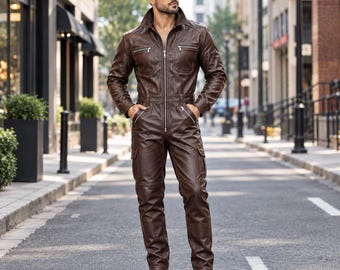 Men’s Brown Genuine Cowhide Leather Jumpsuit, Zip Front One-Piece Suit