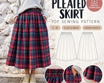 Może przedstawiać: Wykrój krawiecki PDF na spódnicę plisowaną z tkaniny w czerwoną, zieloną i niebieską kratę. Tekst głosi PLEATED SKIRT, PDF SEWING PATTERN, S-XL, ELASTIC WAIST, HIDDEN POCKETS oraz DIGITAL DOWNLOAD. Zawiera schematy liniowe.