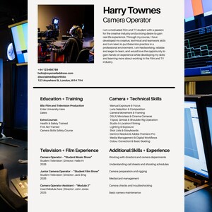 Könnte beinhalten: Ein weißes Lebenslauf-Dokument für Harry Townes, einen Kameraoperator. Es enthält ein Foto einer Person, die eine professionelle Kamera bedient, Kontaktdaten, Ausbildung, technische Fähigkeiten und Erfahrungsbereiche mit schwarzem Text.
