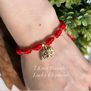 7 knot red string bracelet, 7 nudos bracelet, protection bracelet, anklet, gold elephant charm, good luck, protection