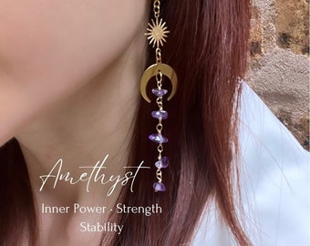 Star and Moon Amethyst Earrings, Celestial Long Earrings, Stability, Strength, Gift for Mom, Daughter, Sister, Wife and Aunt