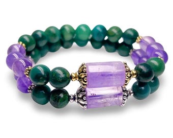 Pulseira de ametista e jade africana com pingente de lótus