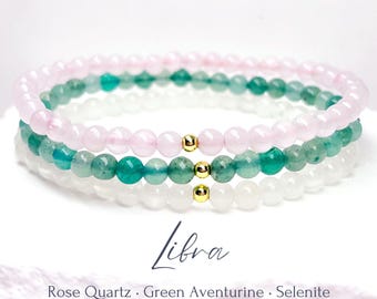 Pulseira com pedras de nascimento de outubro, em ouro 14k ou prata de lei, com pedras preciosas de 4 mm: quartzo rosa, aventurina verde e selenita, símbolo de Libra.