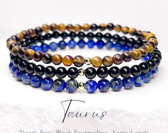 Pulseira com pedras de nascimento de maio: Olho de Tigre, Turmalina Negra, Lápis-lazúli, em ouro 14k ou prata de lei, signo de Touro.