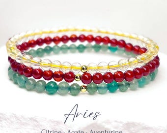 Pulseira com pedras de nascimento de abril: citrino, ágata e aventurina, em ouro 14k ou prata de lei. Áries.