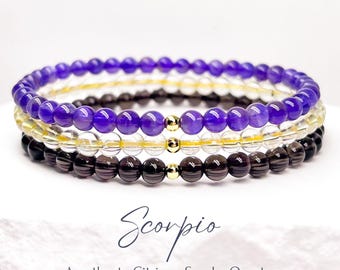 Pulseira com pedras de nascimento de novembro, banhada a ouro 14k ou prata de lei, joias com pedras preciosas de 4 mm: ametista, citrino, quartzo fumê, escorpião.