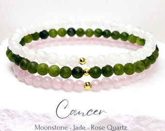 Pulseira com pedras de nascimento de julho, em ouro 14k ou prata de lei, com pedras preciosas de 4 mm: pedra da lua, jade e quartzo rosa. Câncer.