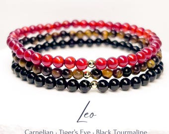 Pulseira com pedras de nascimento de agosto, banhada a ouro 14k ou prata de lei, com pedras preciosas de 4 mm: Cornalina, Olho de Tigre, Turmalina Negra e Leão.