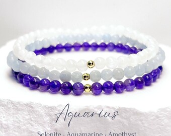 Pulseira com pedras de nascimento de fevereiro: selenita, água-marinha e ametista, em ouro 14k ou prata de lei, Aquário.
