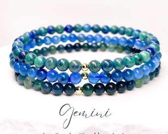 Pulseira com pedras de nascimento de junho: azurita, apatita e ágata musgosa, em ouro 14k ou prata de lei, Gêmeos.