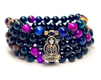 Colar Mala com 108 Pedras Preciosas de Olho de Tigre e Ônix, Dourado, Buda, Pulseira Envolvente, Terço, Presente para Meditação e Yoga para Ele e Ela