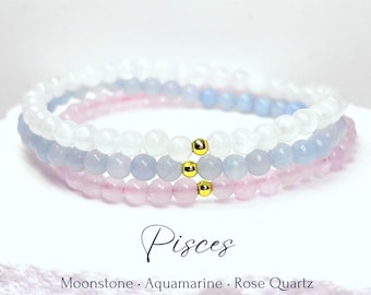 Pulseira com pedras de nascimento de março: Pedra da Lua, Água-marinha, Quartzo Rosa, Ouro 14k ou Prata de Lei, Peixes