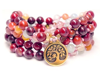 Colar Árvore da Vida da Sabedoria em Quartzo Rutilado e Jaspe Vermelho: Mala de Pulso com 108 Pedras Preciosas, Feito à Mão, para Proteção do Chakra Coronário.