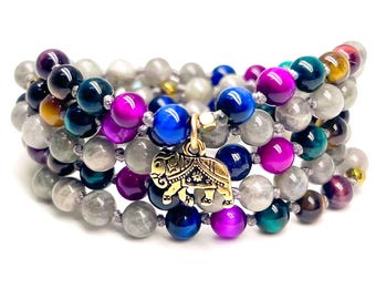 108 Mala Tiger's Eye and Labradorite Necklace, Wrap Bracelet, Meditation Yoga Gift for Him and Her, Chakra Energy Balance