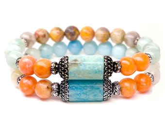 Pulseira de Amazonita Azul, Calcita Laranja e Pedra da Lua, Confiança, Criatividade, Comunicação, Presente para Artistas e Escritores