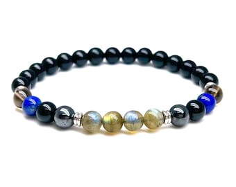 Pulseira Protetora para Empatas, Alívio da Ansiedade, com Pedras Preciosas: Labradorita, Turmalina Negra, Quartzo Fumê e Hematita. Presente Ideal para Ele ou Ela.