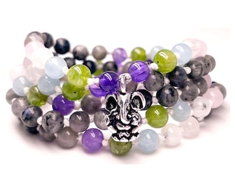 Colar Mala de Cura e Proteção Divina com Pedra da Lua, Água-marinha, Peridoto e Ametista, Mala de Pulso Branca com Nós 108 e Ganesha Prateado