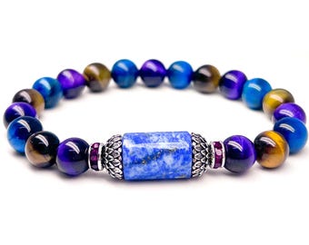 Pulseira com pedras preciosas de lápis-lazúli e olho de tigre, lótus dourado e prateado, intuição, clareza, sabedoria, presente para ela e para ele, aniversário, data comemorativa