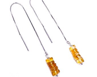 Brincos de Prata 925 com Corrente Caixa e Pingente de Citrino em Formato de Rondel, Presente Ideal para Ela, Casamento, Aniversário, Pedra de Nascimento de Novembro, Escorpião