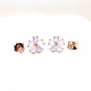 Pink and Purple Sakura Crystal Set Earrings, Rose Gold Stud Earrings, Flower Stud, Gift for Her, Wedding, Birthday, Anniversary