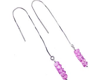 Brincos de corrente encaixotada em prata 925 com turmalina rosa facetada, presente ideal para ela, casamento, aniversário, pedra do mês de outubro, Libra.