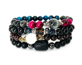 Conjunto de pulseiras de pedras preciosas: pilha de joias de cura de chakras, olho de águia, granada, ágata, selenita, quartzo fumê, olho de tigre e hematita