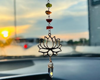7 Chakra Car Charm, Gold Lotus Charm, Angel Aura Quartz, Raw Crystal Charm, Balance of Energy, Protection, Rearview Mirror, Nature Inspire
