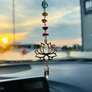 7 Chakra Car Charm, Gold Lotus Charm, Angel Aura Quartz, Raw Crystal Charm, Balance of Energy, Protection, Rearview Mirror, Nature Inspire