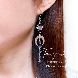 Star and Moon Tanzanite Hoop or Hook earrings, Gemstone Long Earrings, Nurturing, Devine Healing, Birthstone gift, Wedding, Anniversary