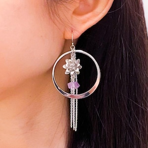 Lotus Silver Hoop Earrings with Amethyst, 14k Gold Filled or Sterling Silver Earwire Option, Strength and Balance, Gift for Her, Birthday