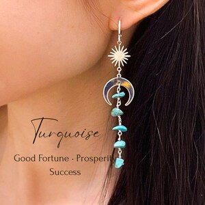 Moon and Star Blue Turquoise Gemstone Earrings, Hoop or Hook Long Earrings, Silver and Gold Option, Good Fortune, Prosperity, Gift for Her