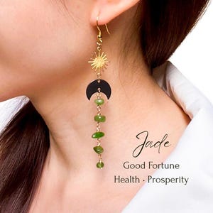 Kolczyki z kamieni szlachetnych Moon and Star Jade Hoop lub Hook, Złote lub srebrne długie kolczyki, Powodzenia, Dobrobyt, Kamień urodzinowy, Prezent dla niej, Urodziny