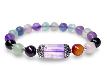 Pulseira de pedra preciosa ametista fluorita: pingente de lótus em prata ou ouro