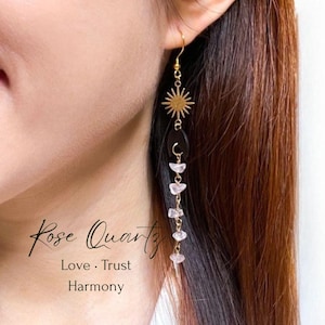 Moon and Star Rose Quartz Hoop or Hook Earrings, Gold or Silver Gemstone Earrings, Love, Harmony, Trust, Gift for Her, Birthday, Anniversary