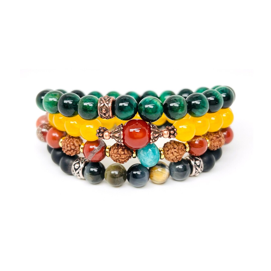 Gemstone Bracelet Stack: Tiger Eye, Jade, Jasper, Carnelian, Rudraksha ...