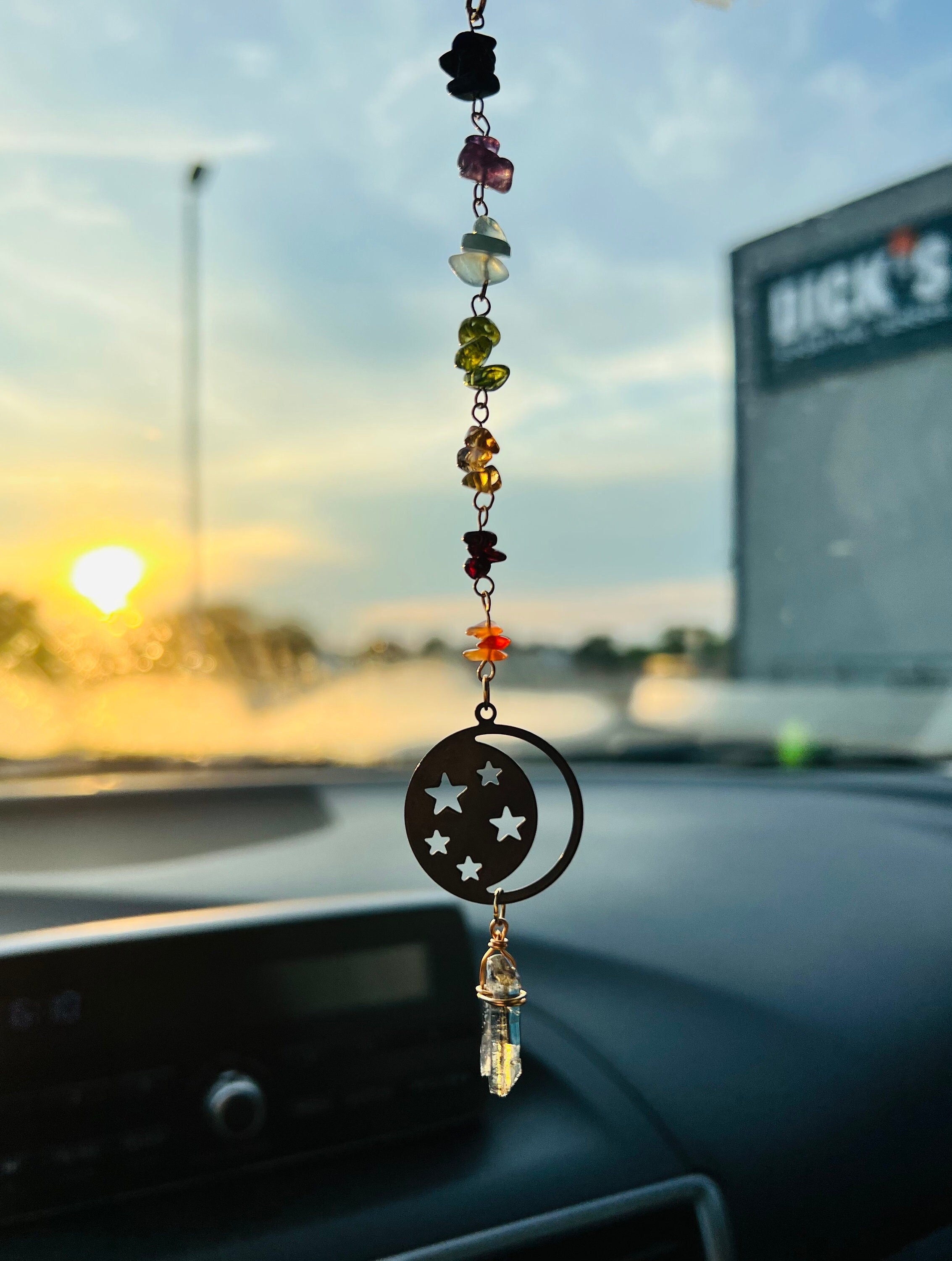 Om Aum Ohm Charm and 7 Chakra Gemstone Beaded Rear View Mirror Car Charm  Hanging Ornament Car Interior Decoration Car Accessories Home Decor