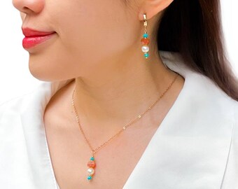 Sunstone Turquoise Pearl Necklace: 14k Gold Filled Gemstone Jewelry