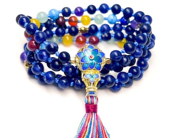 Colar de Pedras Preciosas para Apoio à Saúde e Cura, Proteção Energética Espiritual, Terço de Oração Wu Lou Lótus Azul, Mala de Pulso com 108 Pedras Amarradas à Mão para os Chakras