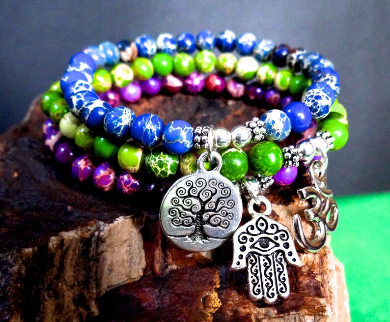 tree of life Set of 3 bracelets,6mm,jasper bracelet,blue jasper protection om green jasper yoga bracelet hamsa evil eye purple jasper