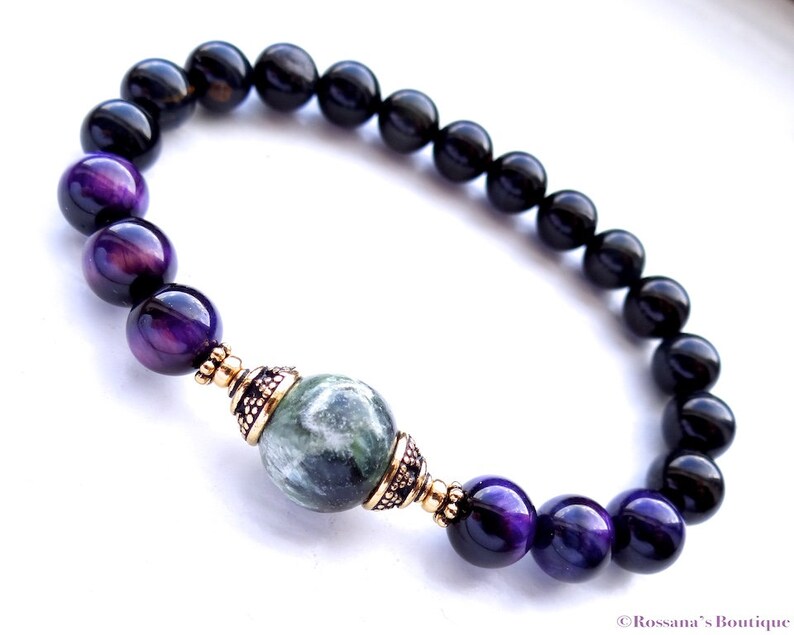 prosperity bracelet seraphinite bracelet Seraphinite and tiger eye bead bracelet tiger eye bracelet chakra bracelet healing bracelet