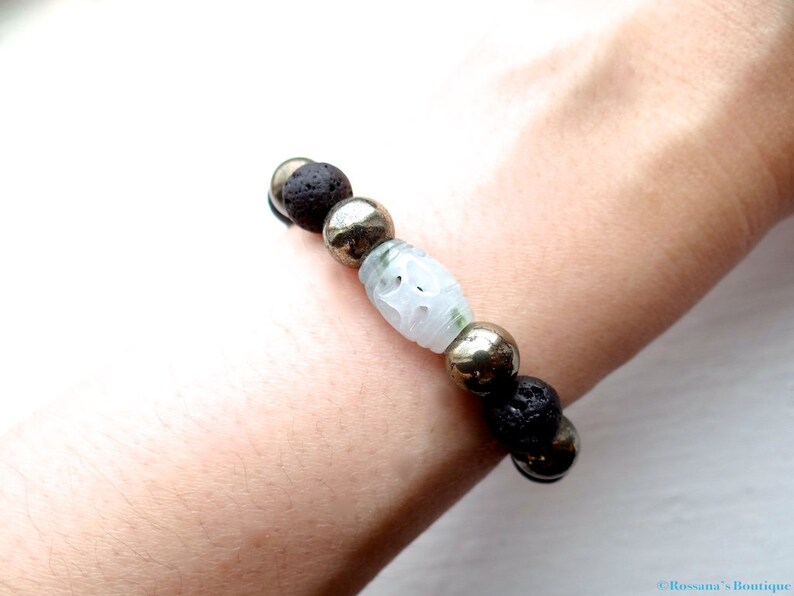 protection bracelet Carved jadeite and lava stone bracelet with pyrite jade bracelet,fertility bracelet,prosperity bracelet yoga bracelet