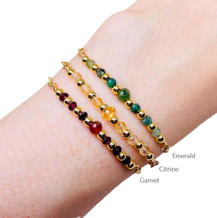 エメラルドビーズブレスレット、14Kゴールドフィルドボックスチェーン