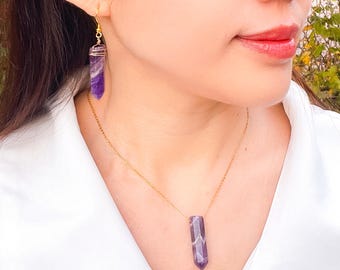 Crown Chakra Amethyst Point Crystal Jewelry Set, 7 Chakra Pendulum Necklace and Earrings, Connection to Divine and Wisdom, Gift for Her