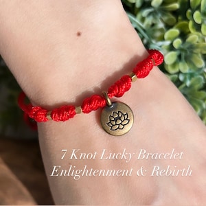 7 knot red string bracelet, 7 nudos bracelet, protection bracelet, anklet, lotus charm, good luck, protection, strength, wisdom