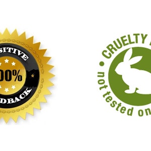 Puede incluir: Un sello dorado en forma de estrella con el texto "Positive 100% Feedback" en negro y blanco. Un c&iacute;rculo verde con un conejo blanco y el texto "Cruelty Free - Not tested on animals" en blanco. Una corona negra y blanca con el texto "Made with Love" en negro.