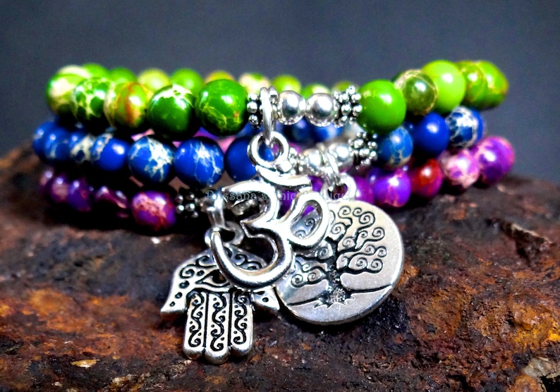 tree of life Set of 3 bracelets,6mm,jasper bracelet,blue jasper protection om green jasper yoga bracelet hamsa evil eye purple jasper