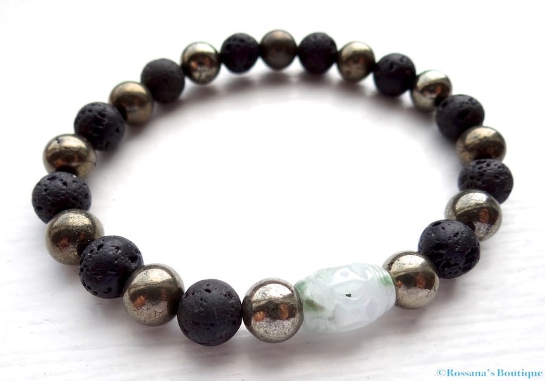 protection bracelet Carved jadeite and lava stone bracelet with pyrite jade bracelet,fertility bracelet,prosperity bracelet yoga bracelet