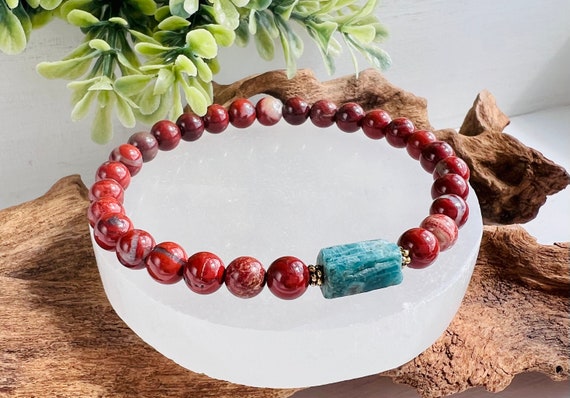 Apatite & Red Jasper Bead Bracelet: Positive Growth, Goal Achievement, Success, Gemstone Gift