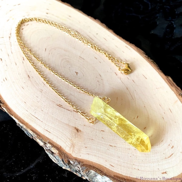 Raw yellow quartz crystal necklace, raw quartz pendant, stainless steel yellow quartz necklace, prosperity necklace, healing quartz jewelry